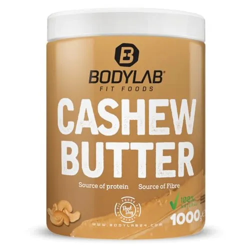 Bodylab24 100% Cashew Butter 1000g - Vegane Nusscreme ohne Zusatzstoffe - Brotaufstrich aus 100% gerösteten Cashewkernen, super cremig und reich an gesunden Fettsäuren, ideal für eine ausgewogene Ernährung.