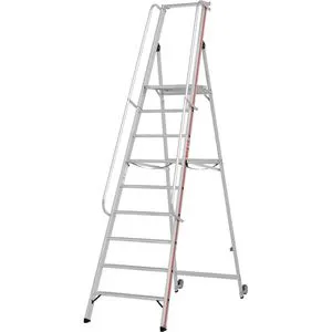 Hymer Podestleiter 808109, fahrbar und klappbar mit 9 Stufen - Leiter für bis zu 150 kg, max. Arbeitshöhe 4,11 m. Ideal für sichere Arbeiten in der Höhe mit rutschfesten Stufen und ergonomischen Handläufen.