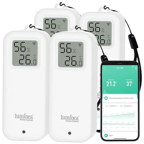 Luminea Home Control Hygrometer Digital Mini 4er-Set - WLAN-Temperatur- und Luftfeuchtigkeitssensor mit Display und App-Anbindung. Ideal für den Innenbereich, mobil einsetzbar und kompatibel mit Smart-Life-Systemen.