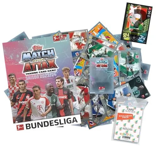 Bundle mit Topps Match Attax Bundesliga - 2023/24-1 Sammelmappe + 100 Verschiedene, zufällige Karten + Exklusive Collect-it Hüllen