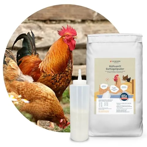 Schicker Mineral Hüfisan Hygiene-Kombi 25 kg + 500 ml Stäubeflasche, Geflügelpuder auf Basis von Diabas Urgesteinsmehl, 100% natürlich, Parasiten effektiv bekämpfen, gegen Milben, Stallhygiene, Hühner