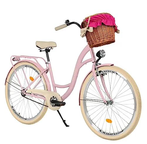 MILORD Damenfahrrad Citybike Komfort mit Weidenkorb – Vintage Stil, 26/28 Zoll, 1-Gang (Rosa-Creme)