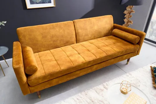 Riess-Ambiente Schlafsofa COUTURE 200cm senfgelb - 3-Sitzer Sofa mit Microvelours-Bezug, integrierter Bettfunktion und verstellbarer Rückenlehne für maximalen Komfort im Wohnzimmer.