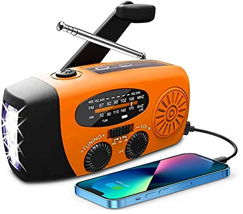 Solar Radio, Tragbar Kurbelradio Dynamo Radio mit AM/FM, Notfall Radio mit Kurbel, 2000mAh Wiederaufladbare Powerbank,LED Taschenlampe,USB-Handy-Lader für Camping Ourdoor orangefarben