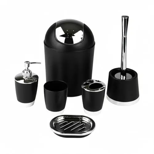 6tlg Badset Badezimmer Zubehör Set Organizer: Seifenspender, Zahnputzbecher, Kosmetikeimer, WC Bürste und Halter, Seifenschale, Mülleimer, Zahnbürstenhalter, Badgarnitur (Schwarz Design 1)