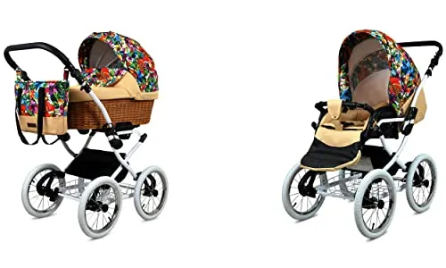 BabyLux ALU 2in1 Kinderwagen für Kleinkinder – Kinderwagen für Neugeborene und Kleinkinder – Baby Neugeborenen Kinderwagen – 59x105x125cm – Max. 15kg – Jungle Flowers White Frame