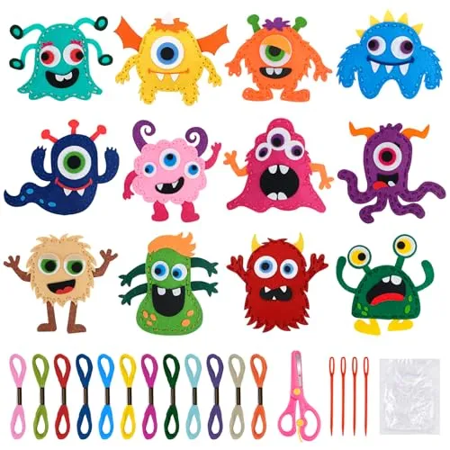 Kuvarix 12 Stück Nähset Kinder, DIY Nähen Kinder Filz Bastelset Kinder ab 4 5 6 7 8 Jahre, Filz Monster Basteln mit Farbige Stickgarn, Füllwatte, Plastiknadeln, Art Craft Geschenk für Jungen Mädchen