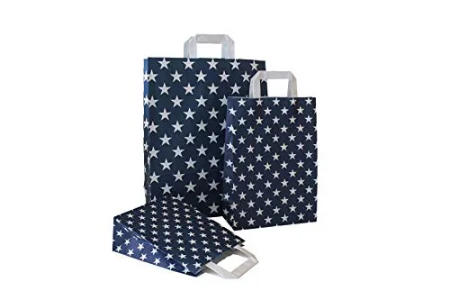 PGV Papiertragetaschen mit Flachhenkel Sterne BLAU (18 + 8 x 22 cm, 10 Stück)
