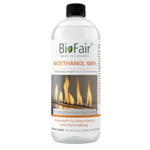 BioFair Bioethanol 100% | 1 x 1L Flasche | Für Ethanolkamin, Bioethanolkamin, Gartenfackel | Innen & Außen | Geruchs- & Rußfrei | Hochreines Bio Ethanol