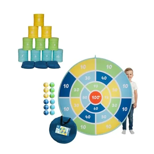 alldoro 68733 Set XXL Dart-Scheibe Ø 142 cm & Dosenwerfen, faltbares Klett-Dartboard, 12 Klettbälle, Tragetasche, 10 nummerierte Dosen, 3 Wurfsäckchen