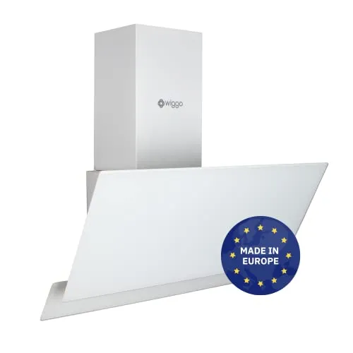 Wiggo Dunstabzugshaube 60cm kopffrei I Abluft Umluft Dunstabzug 300m³/h - LED Touch-Display 3 Stufen I Schräghaube inkl. Fettfilter & 2x Kohlefilter I Abzugshaube mit 2 teiliger Glasfront weiß