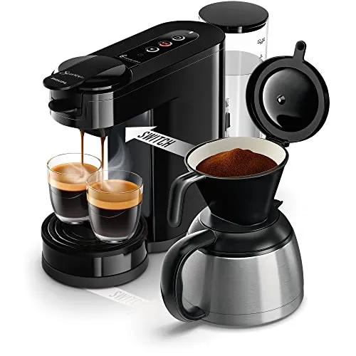 Philips Senseo Switch - 2-in-1 Pad- und Filterkaffeemaschine, 1-Liter-Wasserbehälter für bis zu 7 Tassen, mit köstlicher Crema und Edelstahl-Thermo-Kanne