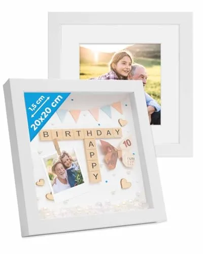 PHOTOLINI Bilderrahmen 2er Set 3D-Rahmen - Bilderrahmen für Objekte bis 1,5 cm Tiefe, inklusive Passepartout, ideal für kreative Präsentationen in Weiß, 20 cm x 20 cm.
