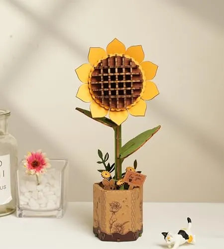 ROBOTIME 3D Holz Blumen Puzzle Sonnenblume, Modellbausätze für Erwachsene zum Zusammenbauen, künstliche Ewige Blüten, DIY Bastelset, Valentinstag, Muttertag und Weihnachten