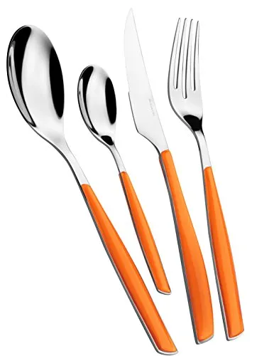 BUGATTI Glamour 24-teiliges Besteckset - Modisches 6-Personen-Besteckset aus hochwertigem Edelstahl 18/10 mit innovativen transparenten ORANGE-Griffen, ideal für stilvolle Tischdekoration und als Geschenk.
