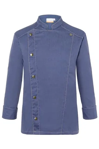 Karlowsky Kochjacke Jeans-Style Vintage Blue - Größe 46 - Berufsbekleidung Gastronomie, trendige Kochjacke in Jeans-Optik mit schlanker Silhouette und praktischen Druckknöpfen für schnelles Öffnen.