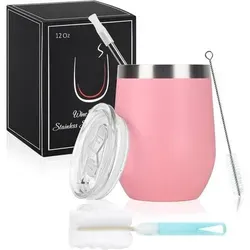 Edelstahl Weinbecher Doppelwandig mit Deckel Rosa 12oz - Genieße deine Getränke stilvoll mit diesem eleganten, doppelwandigen Edelstahl Weinbecher in Rosa. Ideal für unterwegs, hält er Getränke lange warm oder kalt und bietet einen auslaufsicheren Deckel. Perfekt für jeden Anlass!
