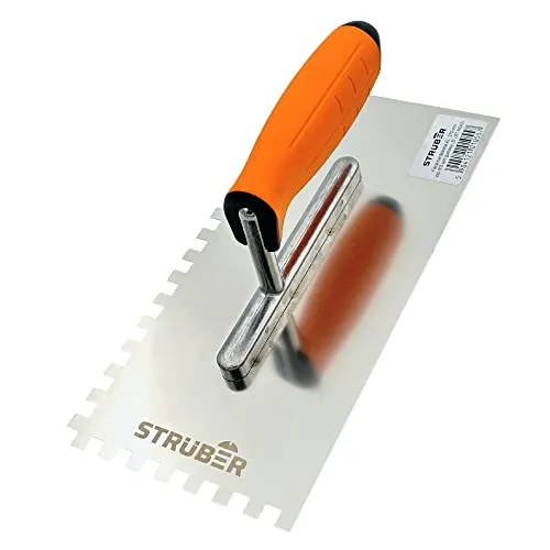 STRÜBER Zahnkelle 8mm (270 x 130 mm/Zahnung 8x8mm) - Profi Zahnglättekelle aus rostfreiem Edelstahl - Premium Glättekelle mit Softgriff - Zahnspachtel zum Verlegen von Fliesen - Made in EU