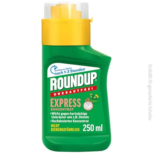 Roundup Unkrautfrei Express Konzentrat 250ml gegen Unkraut in Ziergärten | Wirkt kraftvoll gegen Unkraut | Schnell sichtbarer Effekt nach 1 bis 3 Stunden | Ohne Glyphosat
