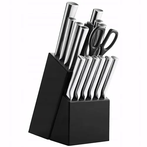 Retoo Messerset 16tlg Messerblock Küchenmesser Set, Kochmesser Set Edelstahl, Präzisionsklingen, Kratzen Beständig, Nicht -Stick, Rostfreier Edelstahl, Scharfe Klingen, Profi, Schwarz Silber