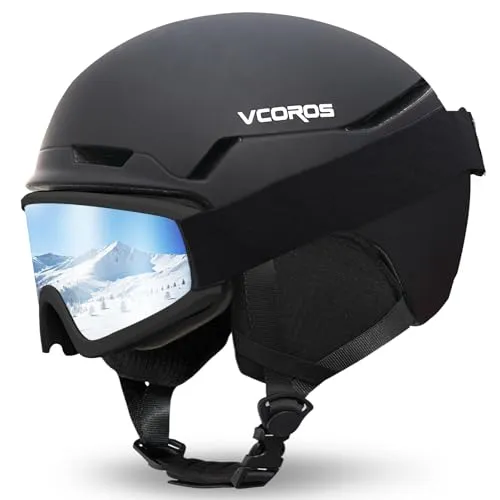 Skihelm mit Skibrille Skihelme für Damen und Herren mit Abnehmbare Ohrpolster Atmungsaktiver Stoßdämpfung UV Verstellbarer Snowboard Helm für Skifahren (Matt Schwarz +Skibrille, L)