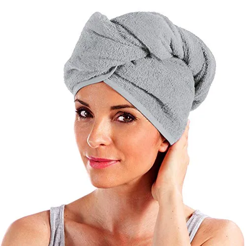 Erwin Müller Turban, Haarturban mit Knopf hellgrau Größe 28x70 cm - auch als Kinderturban geeignet 100% Baumwolle, saugstark, Stabiler Halt - (weitere Farben)