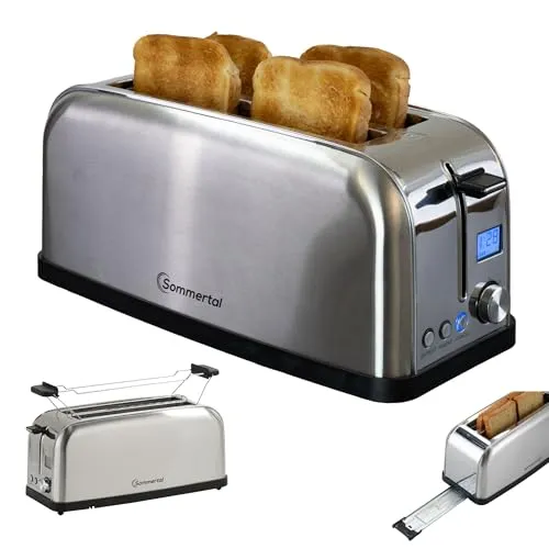 Sommertal Toaster ST1500 XXL - Retro Langschlitztoaster mit Brötchenaufsatz - Toaster mit 4 Scheiben und 1500W Heizleistung. Das digitale Display zeigt die Restlaufzeit an, während der abnehmbare Brötchenaufsatz zusätzlichen Platz bietet. Ideal für ein perfektes Frühstück!