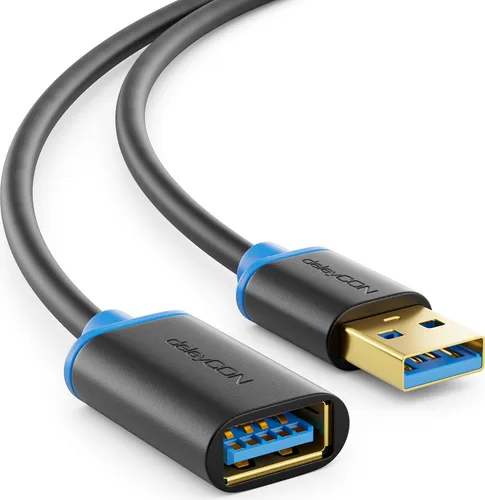 deleyCON 0,5m USB 3.0 Super Speed Verlängerungskabel Kurz - USB A-Stecker zu USB A-Buchse - USB 3.0 Super Speed Technologie bis zu 5 Gbit/s - Schwarz/Blau
