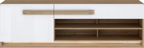 Lowboard >ATTENTION< LED, 1 Tür, 1 Schub, Eiche Nachbildung / Weiß Gloss - 159,9x50x41,5cm BxHxT