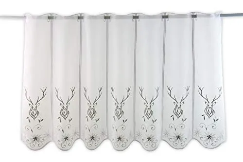 Clever-Kauf-24 Scheibengardine Landhaus Hirsch Bestickt Bistrogardine Höhe 60cm (Breite 108cm)