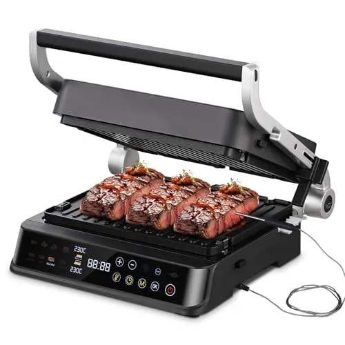 AMZCHEF XL Kontaktgrill 4-in-1 mit Temperatursensor & GrillBoost (280°C) – Elektrogrill mit 4 wechselbaren Anti-Haft-Platten für Steak, Waffeln, Sandwiches, Pfannkuchen – 2000 W, spülmaschinengeeignet