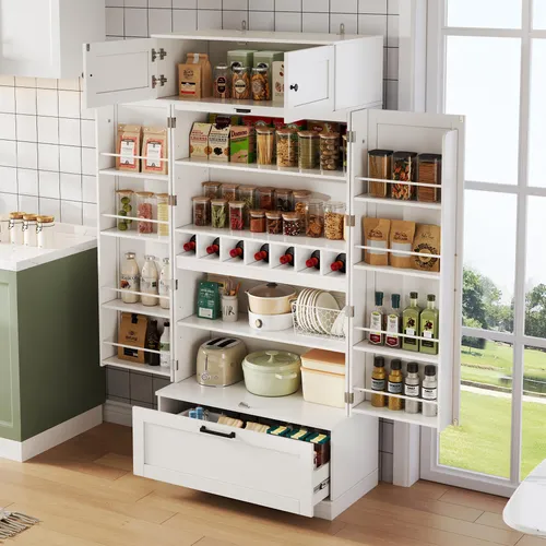 MODFU Küchenschrank Highboard Küchenaufbewahrungsschrank mit Weinregal,mit verstellbaren Einlegeböden,Aufbewahrungsschrank mit Schubladen und Türen,Weiß