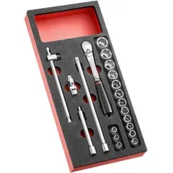 Facom Modul Steckschlüssel 3/8Z JL.161 20tl - Steckschlüsselsatz mit 15 metrischen Steckschlüsseln, ideal für präzise Arbeiten in der Werkstatt. Kompatibel mit FACOM Ordnungssystemen und enthält hochwertige Umschaltknarre sowie Verlängerungen.