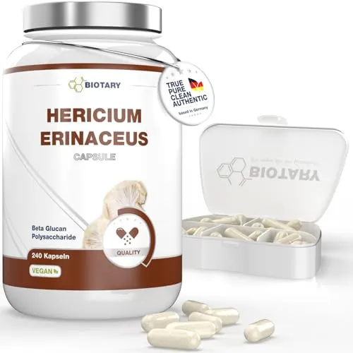 BIOTARY Lions Mane – 1950 mg Tagesportion – 240 Kapseln – 30:1 Extrakt (=58.500 mg Hericium Erinaceus) – inclusive Pillenbox – 30% Polysaccharide – 5% Beta Glucan – Vegan – Hochdosiert