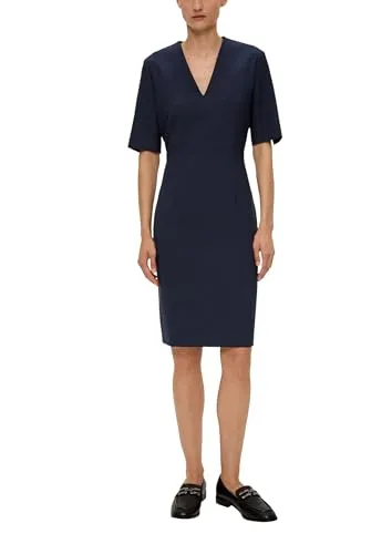 s.Oliver BLACK LABEL Etuikleid aus Viskosemix Navy 36 - Elegantes Freizeitkleid für Damen mit regulärer Passform, V-Ausschnitt und Gehschlitz für zusätzlichen Komfort und Stil.