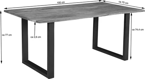 Esszimmertisch Insa 100 x 70 cm, echte Baumkante aus Akazienholz, U-Gestell Mattschwarz