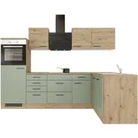 Flex-Well Exclusiv Winkelküche Cara 280 x 170 cm - Schilfgrün matt - Winkelküche mit umfangreicher Ausstattung und großzügigem Stauraum, ideal für Familien. Flexibel aufbaubar und einfach zu montieren. Hochwertige Materialien und moderne Elektrogeräte inklusive.