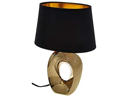 meineWunschleuchte Große Tischleuchte mit ovalem Stoffschirm Schwarz-Gold, Höhe 52cm