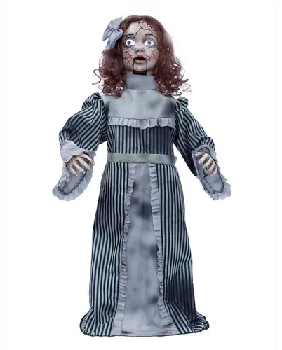Horror-Shop Geisterpuppe Betty Halloween Animatronic 90cm - Schaurige Geisterpuppe Betty als animierte Halloween-Deko. Bewegungsmelder, leuchtende Augen und gruselige Sprüche sorgen für schockierende Überraschungen. Ideal für unvergessliche Halloween-Partys!