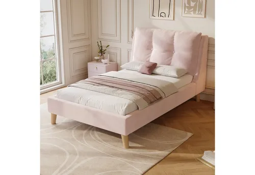 Polsterbett 90 x 200 cm in Rosa mit Lattenrost und Samt-Kopfteil - Gemütliches Einzelbett für Kinder mit stabilem Lattenrost und weichem, gepolstertem Kopfteil. Ideal für entspannte Vorlesestunden und einen sicheren Schlaf. Robuste Gummibaumholzbeine sorgen für Stabilität und einfache Reinigung.