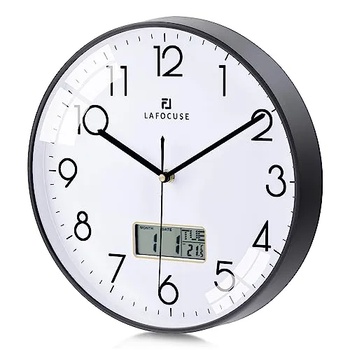 Lafocuse Lautlos Wanduhr mit Kalender Digital LCD, Modern Wanduhr mit Datum Wochentag und Thermometer, Schwarz Analog Quarzuhr für Wohnzimmer Schlafzimmer Büro Küche 30cm