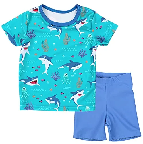 Aquarti Baby Jungen Bade-Set Zweiteiliger Kinder Badeanzug T-Shirt Badehose UV-Schutz, Farbe: Haie im Meer Dunkeltürkis/Jeans Blau, Größe: 110