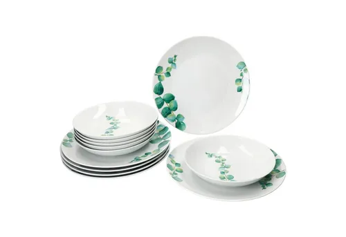 MamboCat Tafelservice 12tlg - Eukalyptus Weiß Porzellan für 6 Personen - Elegantes 12-teiliges Tafelservice aus hochwertigem Porzellan, ideal für festliche Anlässe und den täglichen Gebrauch. Perfekt für 6 Personen.