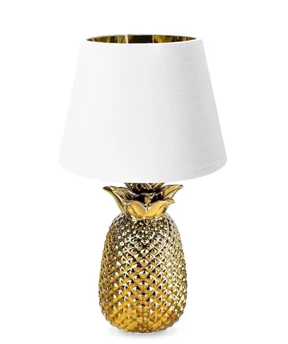 Navaris Tischlampe im Ananas Design - 40cm hoch - Deko Keramik Lampe für Nachttisch oder Beistelltisch - Dekolampe mit E27 Gewinde in Gold-Weiß