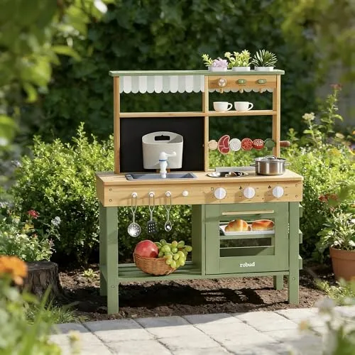 ROBUD Hölzerne Matschküche für Kinder, 17 PCS Pretend Play Kitchen Set mit Wasserspüle, Tafel & Küchenzubehör, Outdoor-Spielzeugküche für BBQ, Küchen-Spielset für Kleinkinder ab 3 Jahren