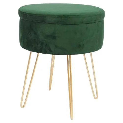 Harbour Housewares 1x Grün/Gold H45 x D36cm Runden Samt-Fußhocker mit Stauraum - Wohnzimmer Schminktisch Fußbank Ottomane Sitzpuff Stuhl Sitz