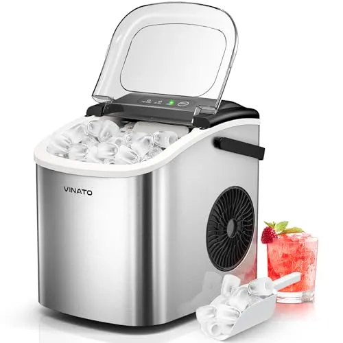 VINATO Eiswürfelmaschine, Eiswürfelmaschine Klein, 9 Eiswürfel in Nur 6-8 Minuten, Tragbar Ice Cube Maker 12kg/24h, Gerauscharmem Betrieb, mit Eisschaufel und Korb für Küche, Büro, Bar und Party