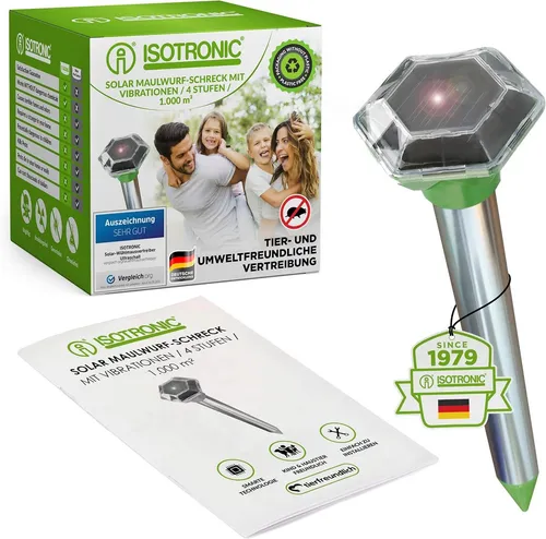 ISOTRONIC Maulwurfschreck - Ultraschall-Abwehr gegen Schädlinge - Ultraschall-Schädlingsschutz für Außenbereiche, solarbetrieben und effektiv gegen Maulwürfe, Wühlmäuse und Schlangen.