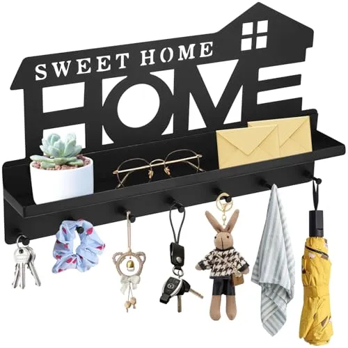 LEAZZLE Schlüsselbrett mit Ablage, Schlüsselkasten mit Sieben Haken, Schlüsselkasten Modern, Schlüsselhalter zur Aufbewahrung kleiner Gegenstände wie Schlüssel und Post im Eingangsbereich