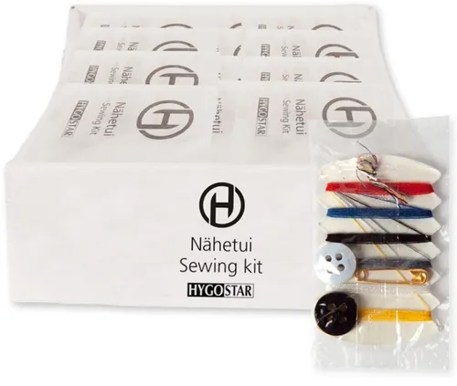Hygostar® Nähset 10-teilig mit 6 Garn-Farben - Nähzubehör für Gastgewerbe, ideal für schnelle Nähreparaturen mit 6 Garnfarben und praktischer Präsentation im Verkaufs-Tray.